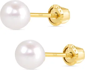 14k Gold Pearl Stud Earrings for Women (3mm-6mm Diameter) - Freshwater Pearl, Real Solid 14k Gold, Secure Screw Back Design