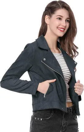 Allegra K Women's Short Soft Zip Up Faux Suede Biker Moto Jacket