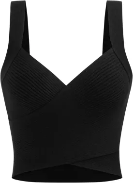 CIDER Knitted Crop Top V Neck Solid Wrap Sleeveless Tank Top Texture Regular Fit Casual Knit Fabric