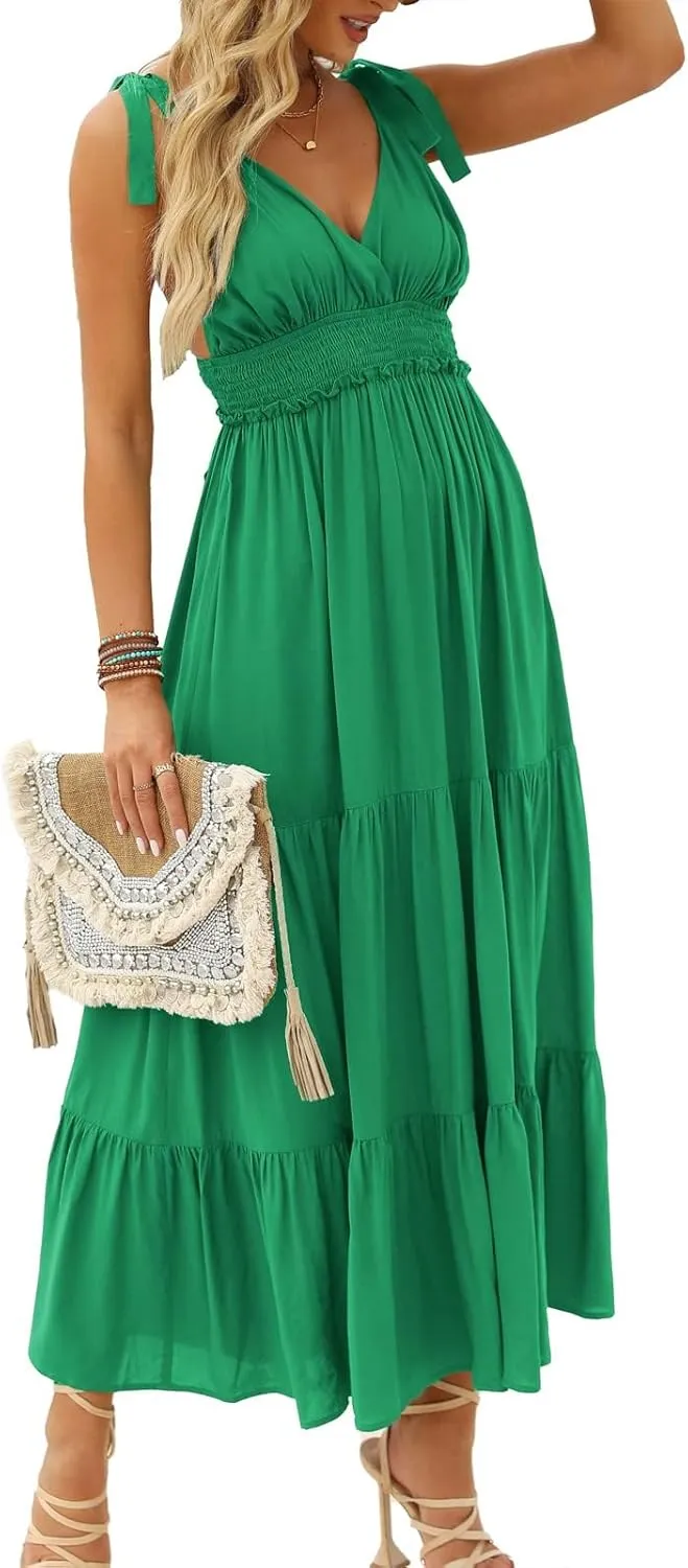 DEEP SELF Women's Summer V Neck Tie Strap Maxi Dress Halter Ruffle Hem Long Dresses Spaghetti Strap Long Flowy Dresses