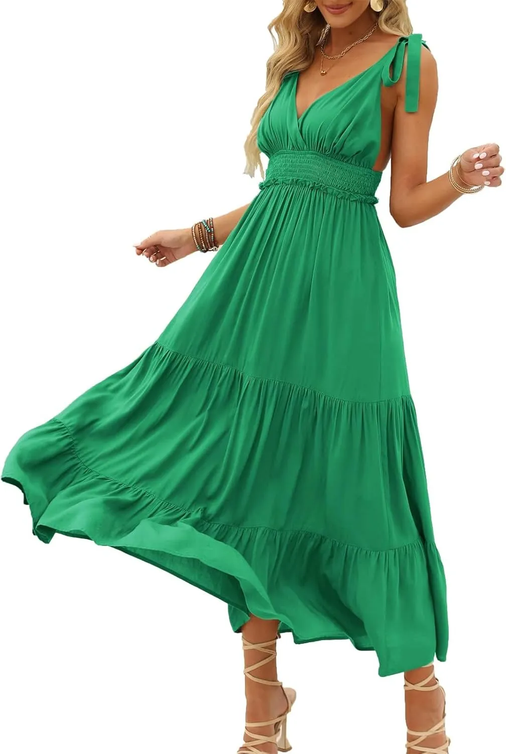 DEEP SELF Women's Summer V Neck Tie Strap Maxi Dress Halter Ruffle Hem Long Dresses Spaghetti Strap Long Flowy Dresses