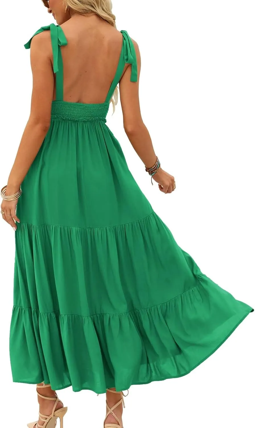 DEEP SELF Women's Summer V Neck Tie Strap Maxi Dress Halter Ruffle Hem Long Dresses Spaghetti Strap Long Flowy Dresses