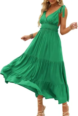 DEEP SELF Women's Summer V Neck Tie Strap Maxi Dress Halter Ruffle Hem Long Dresses Spaghetti Strap Long Flowy Dresses