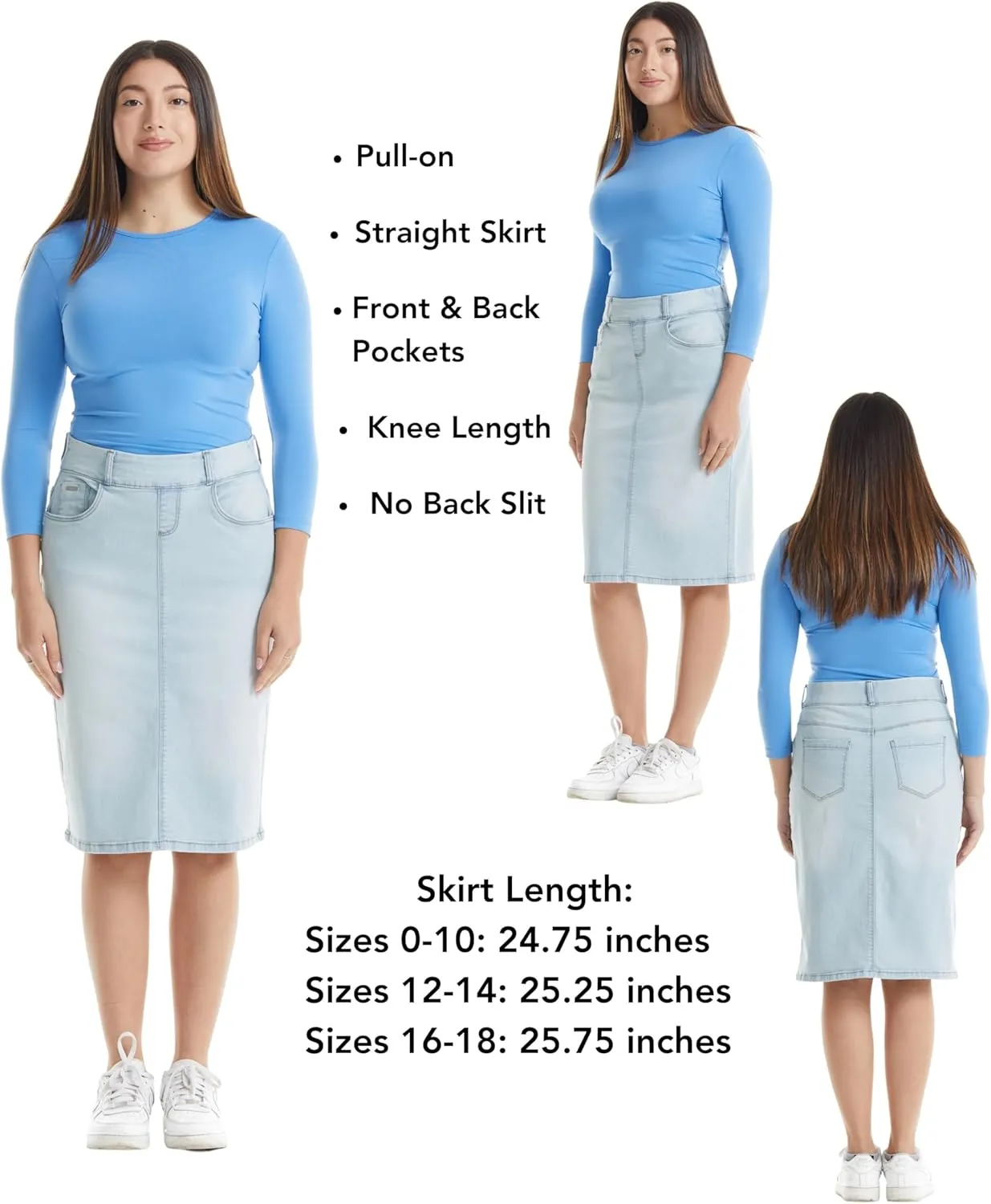 ESTEEZ Women's Stretchy Denim Jean Skirt - Straight Knee-Length with Pockets - Classic & Modest Design - Manhattan
