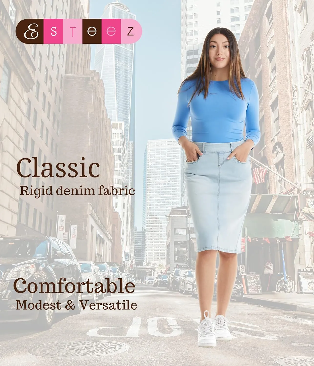 ESTEEZ Women's Stretchy Denim Jean Skirt - Straight Knee-Length with Pockets - Classic & Modest Design - Manhattan