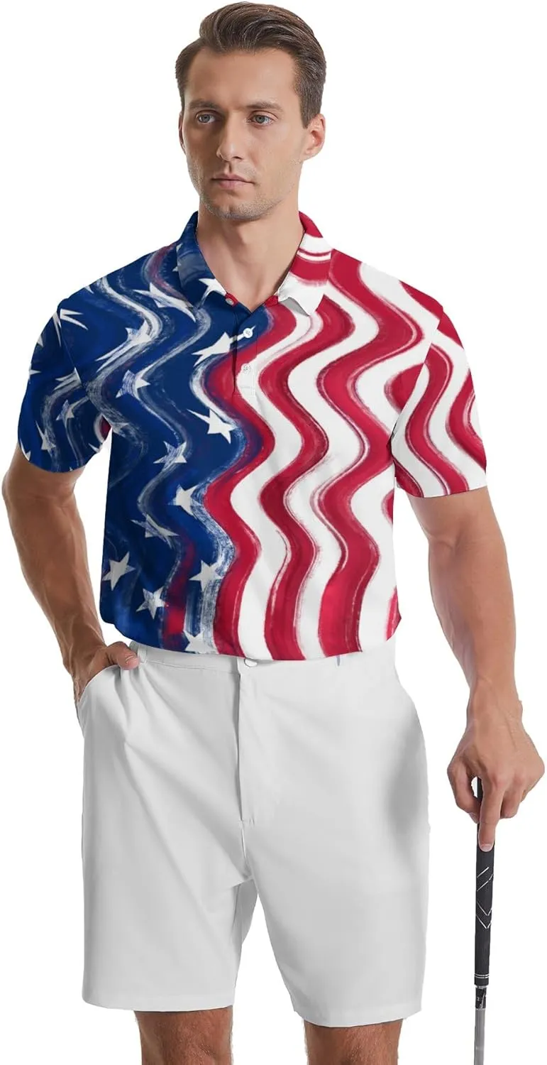 Funny Polo Shirts for Men Short Sleeve Performance Moisture Wicking Golf Shirts Casual Crazy Patriotic Print Mens Polo Shirt
