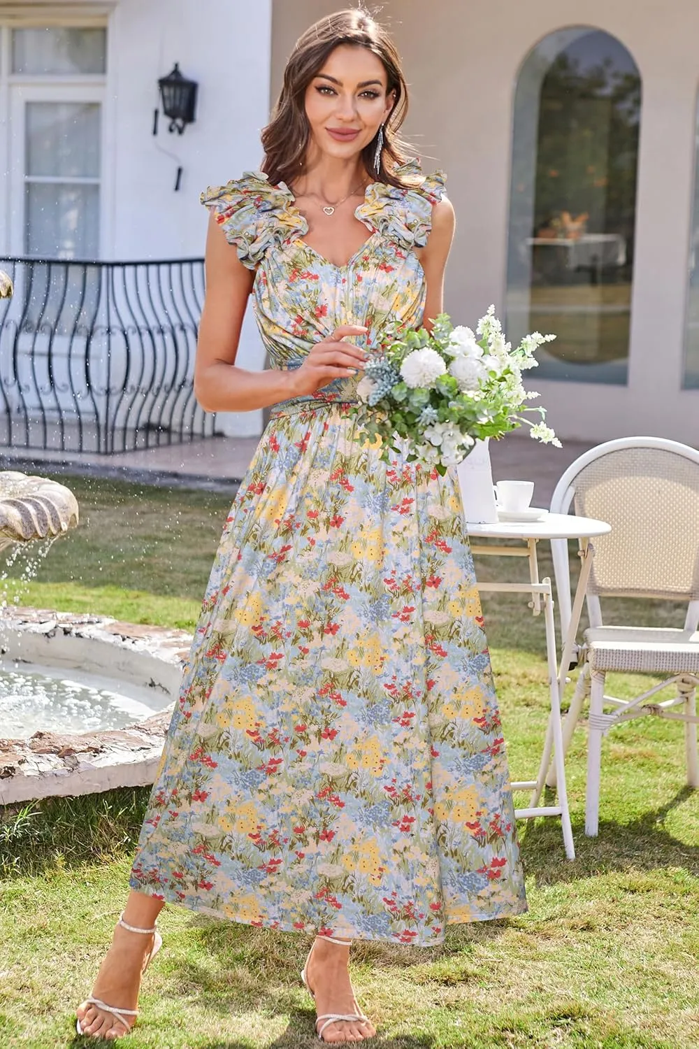 GRACE KARIN 2025 Women's Summer Floral Print Dress Sleeveless Casual Flowy Sundress A Line Ruffle Wedding Guest Outfit
