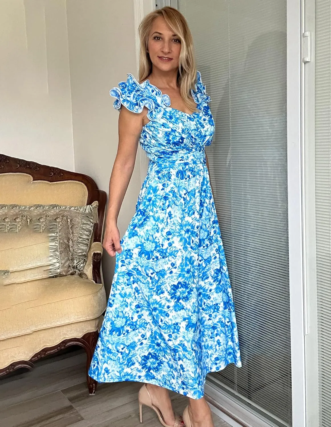GRACE KARIN 2025 Women's Summer Floral Print Dress Sleeveless Casual Flowy Sundress A Line Ruffle Wedding Guest Outfit