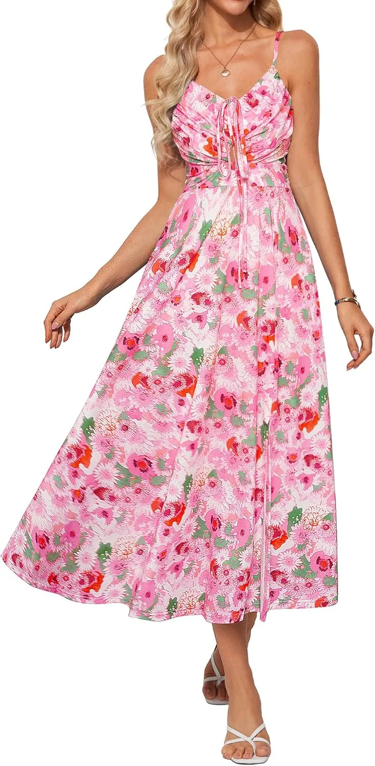 GRACE KARIN Womens 2025 Summer Beach Dress Boho Floral Dresses Spaghetti Strap V Neck Flowy Maxi Long Sundress with Pockets