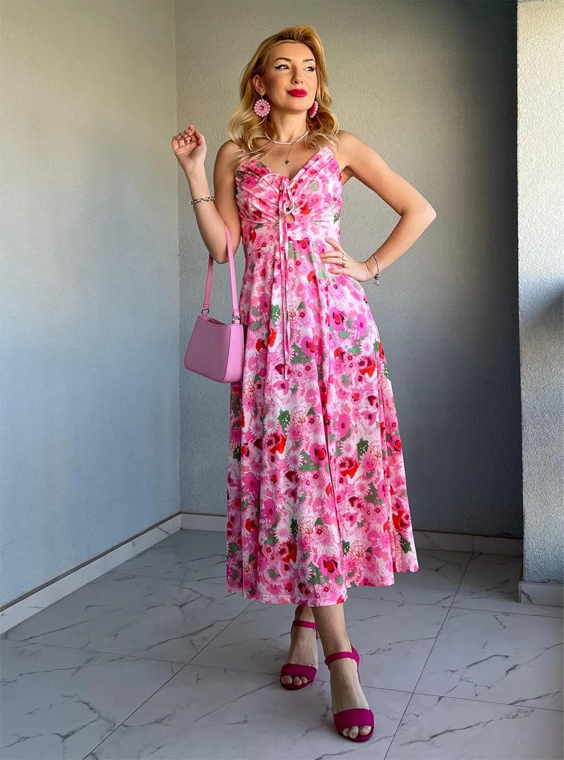 GRACE KARIN Womens 2025 Summer Beach Dress Boho Floral Dresses Spaghetti Strap V Neck Flowy Maxi Long Sundress with Pockets