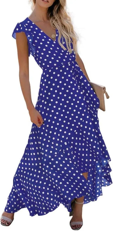 GRECERELLE 2025 Women's Spring Summer Boho Floral Print V-Neck Faux Wrap Maxi Dress for Wedding Guest, Graduation, Party