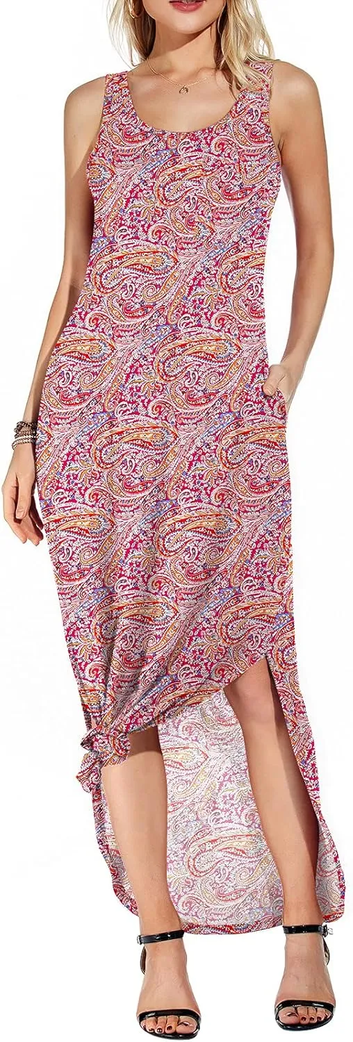GRECERELLE Women's Summer Casual Loose Sundress Halter/U-Neck Sleeveless Side Slit Long Maxi Dress