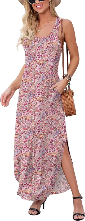 GRECERELLE Women's Summer Casual Loose Sundress Halter/U-Neck Sleeveless Side Slit Long Maxi Dress