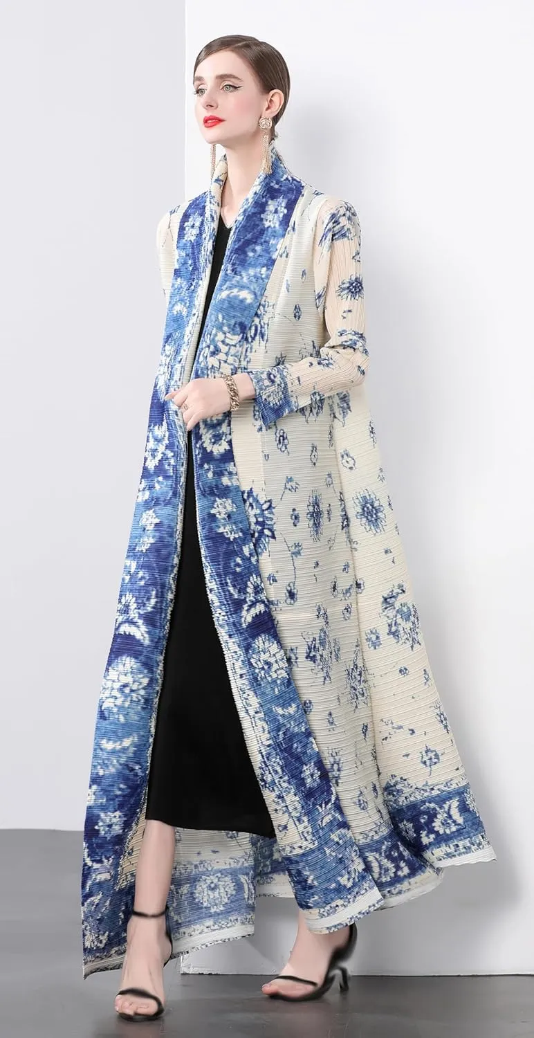 LAI MENG FIVE CATS Women's Lightweight Pleated Fabric Belt Floral Print Loose Open Casual Maxi Outerwear Dress