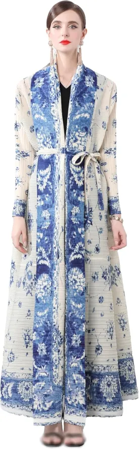 LAI MENG FIVE CATS Women's Lightweight Pleated Fabric Belt Floral Print Loose Open Casual Maxi Outerwear Dress