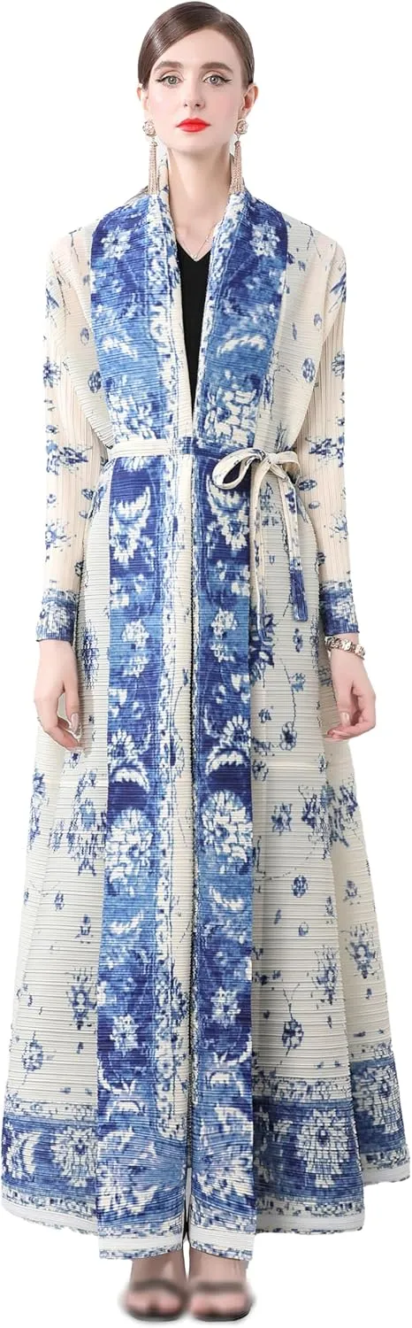 LAI MENG FIVE CATS Women's Lightweight Pleated Fabric Belt Floral Print Loose Open Casual Maxi Outerwear Dress