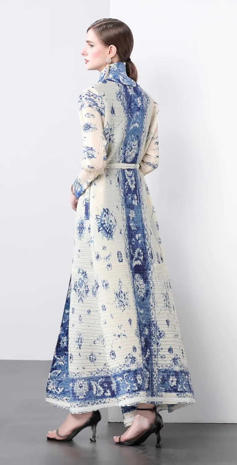 LAI MENG FIVE CATS Women's Lightweight Pleated Fabric Belt Floral Print Loose Open Casual Maxi Outerwear Dress