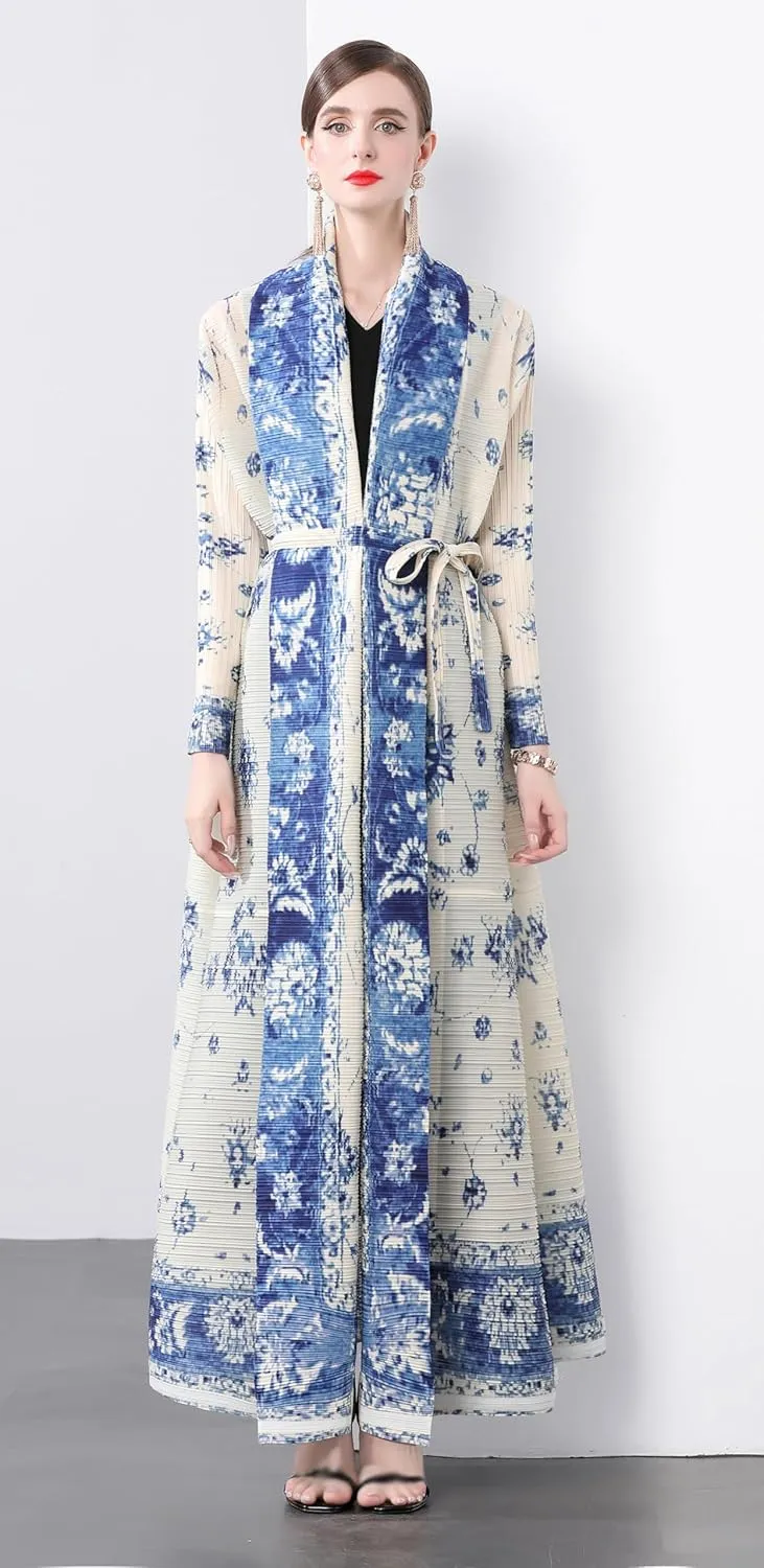 LAI MENG FIVE CATS Women's Lightweight Pleated Fabric Belt Floral Print Loose Open Casual Maxi Outerwear Dress