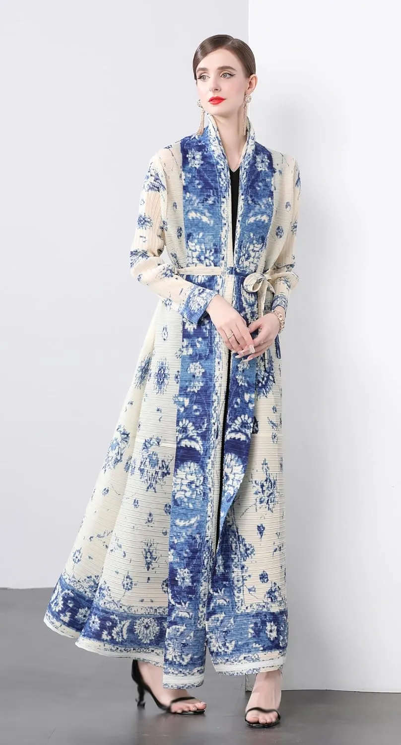 LAI MENG FIVE CATS Women's Lightweight Pleated Fabric Belt Floral Print Loose Open Casual Maxi Outerwear Dress