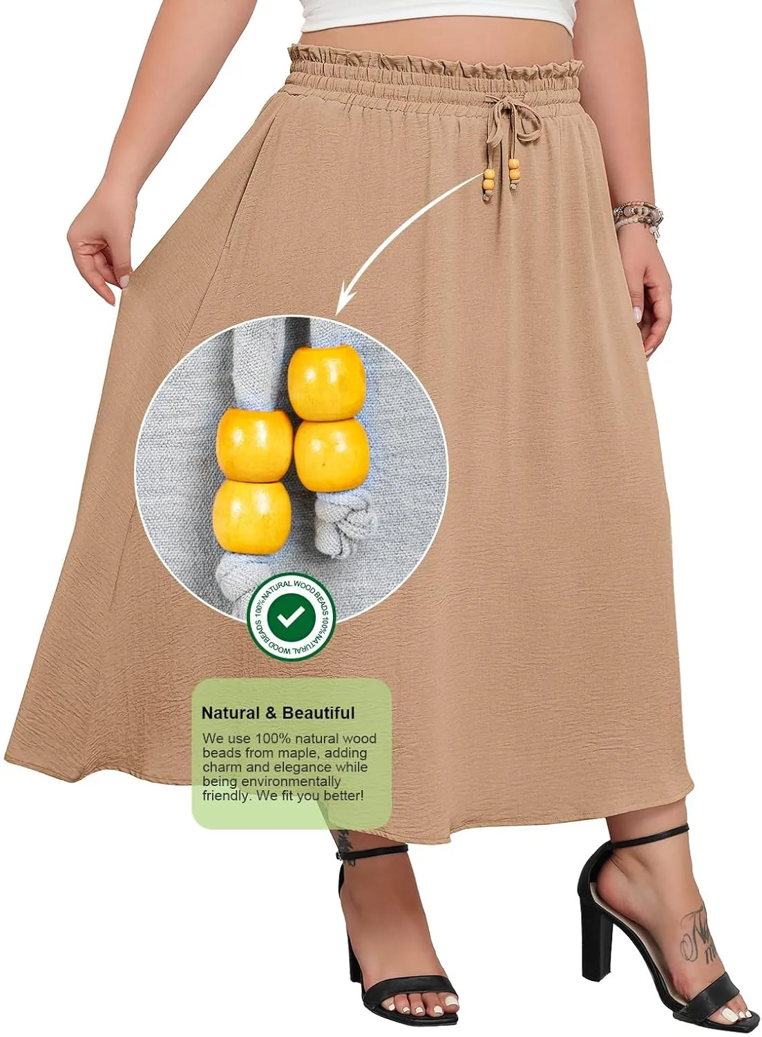 Lastshe Plus Size Maxi Skirts for Women Summer Boho Pleated Elastic High Waist A-line Long Skirt with Pockets