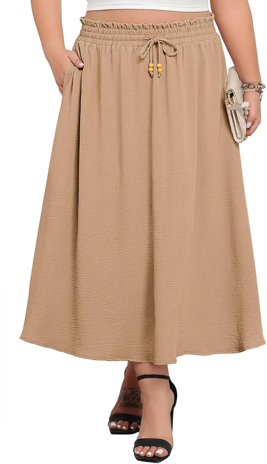 Lastshe Plus Size Maxi Skirts for Women Summer Boho Pleated Elastic High Waist A-line Long Skirt with Pockets