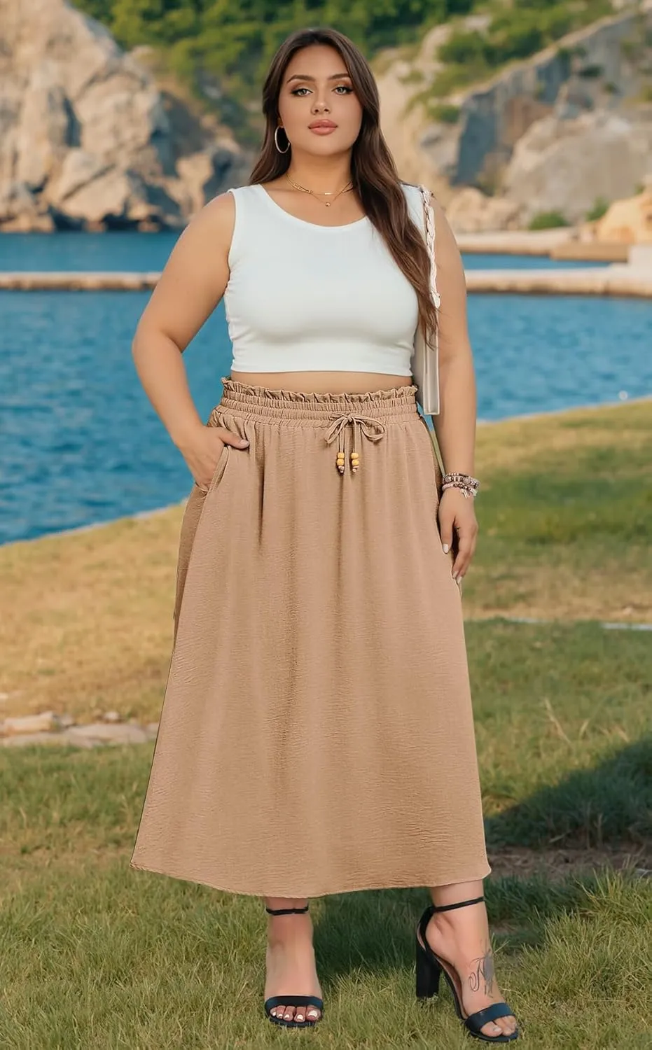 Lastshe Plus Size Maxi Skirts for Women Summer Boho Pleated Elastic High Waist A-line Long Skirt with Pockets