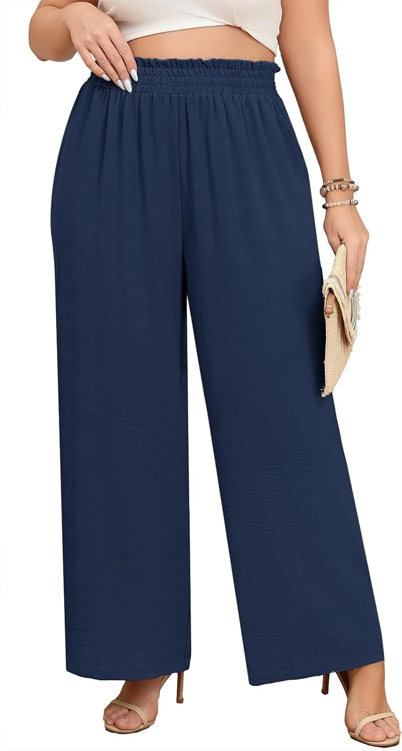 Lastshe Women's Plus Size Wide Leg Pants Elastic Waist Hide Drawstring Loose Work Pants Palazzo Trousers with Pockets