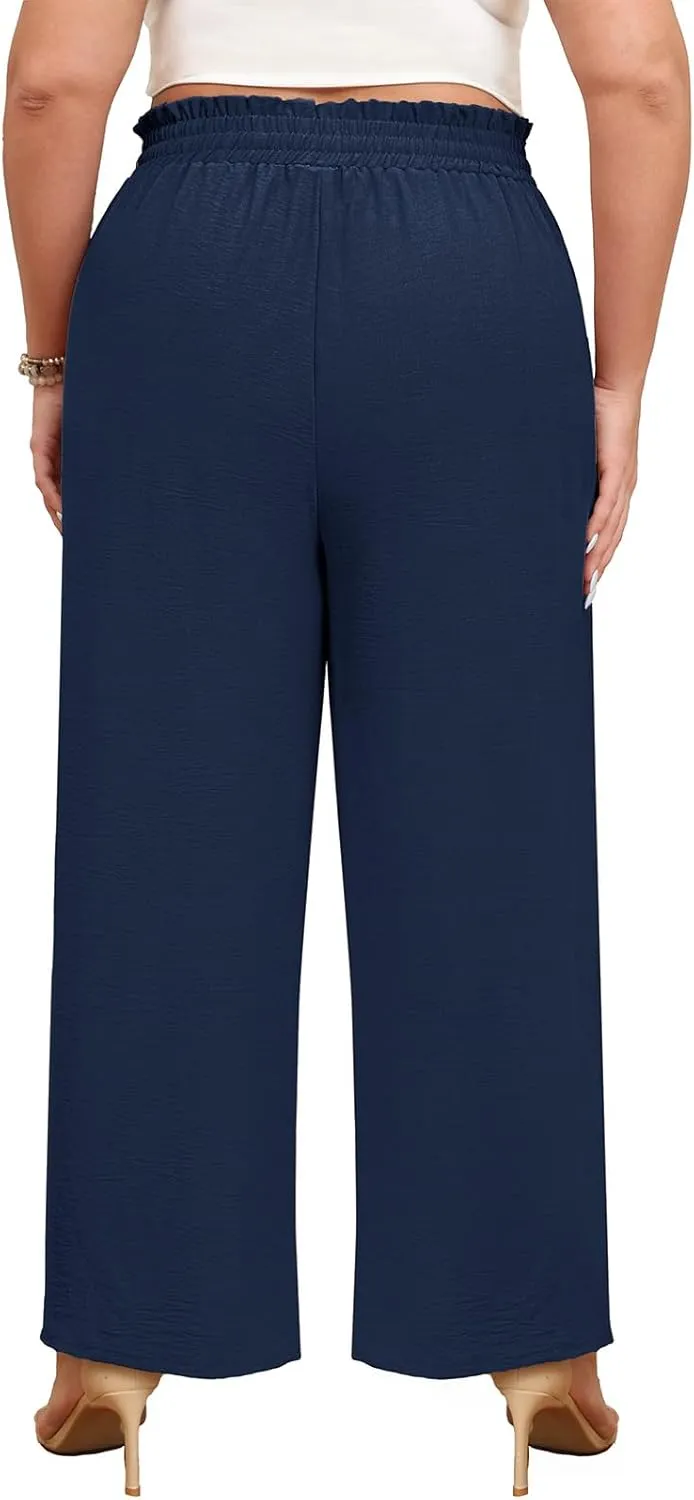 Lastshe Women's Plus Size Wide Leg Pants Elastic Waist Hide Drawstring Loose Work Pants Palazzo Trousers with Pockets