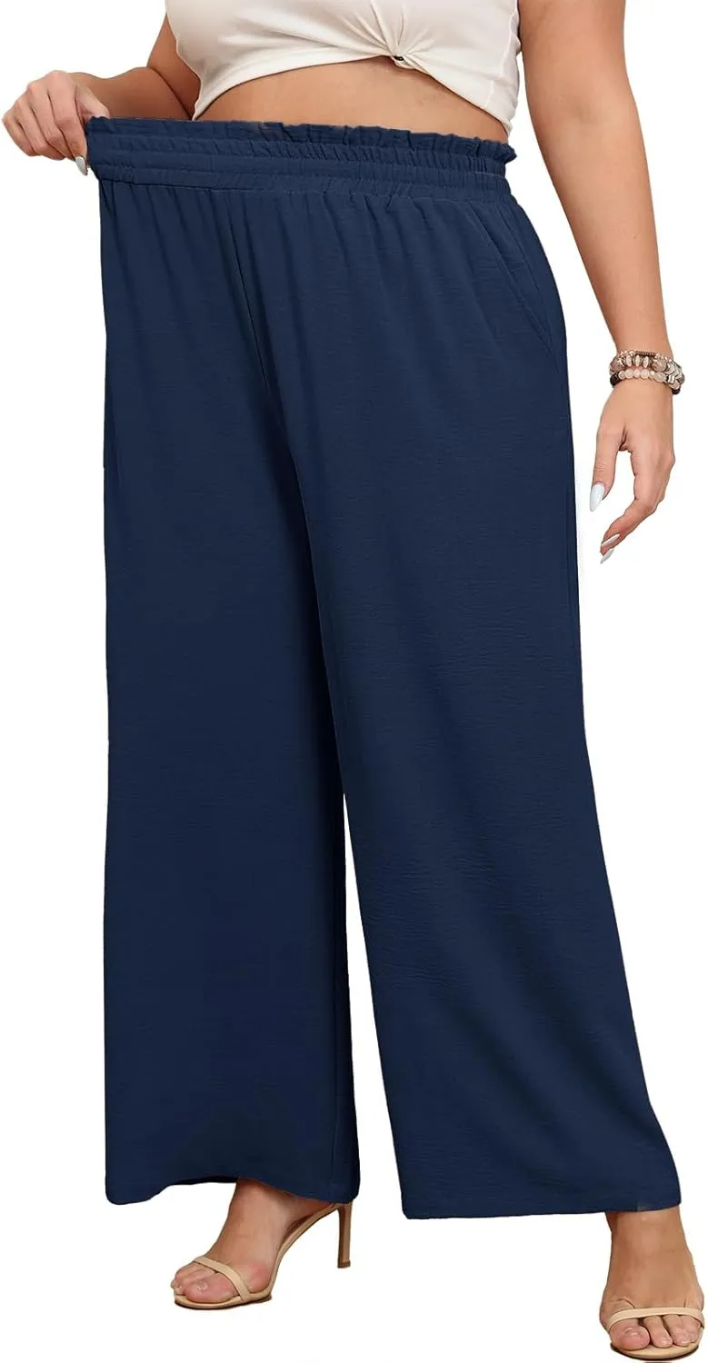 Lastshe Women's Plus Size Wide Leg Pants Elastic Waist Hide Drawstring Loose Work Pants Palazzo Trousers with Pockets
