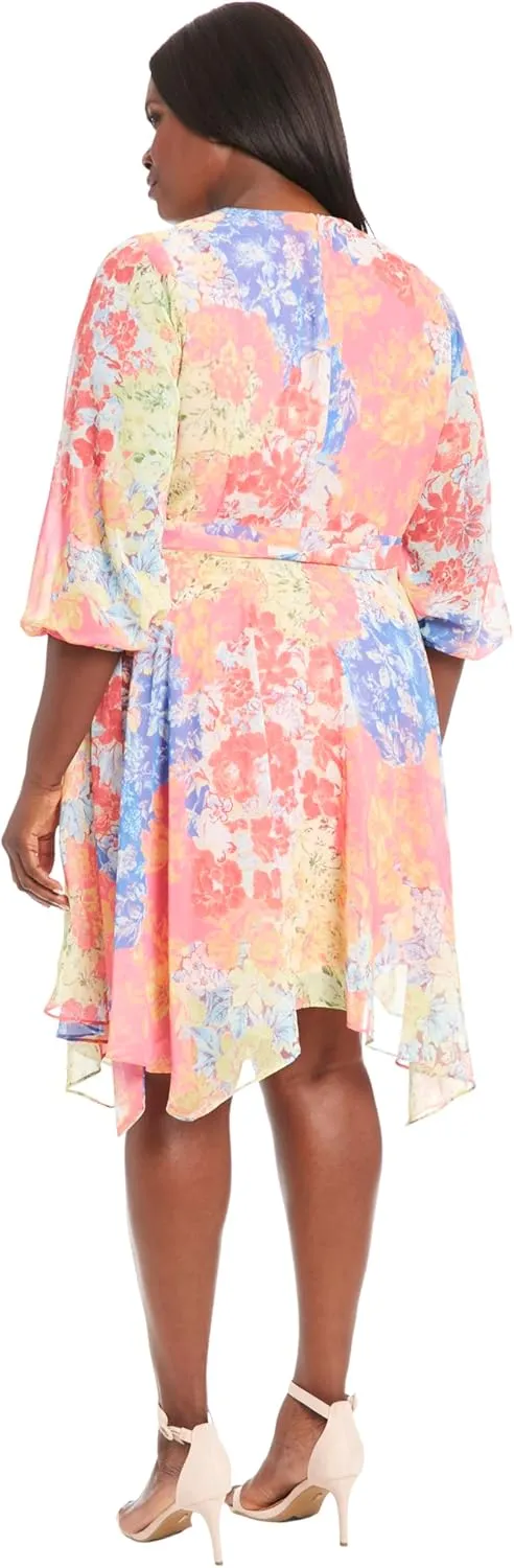 London Times V-Neck, 3/4 Sleeves, Faux Wrap, Fabric Sash Tie, Hanky Hem, Wedding Guest Dresses for Women