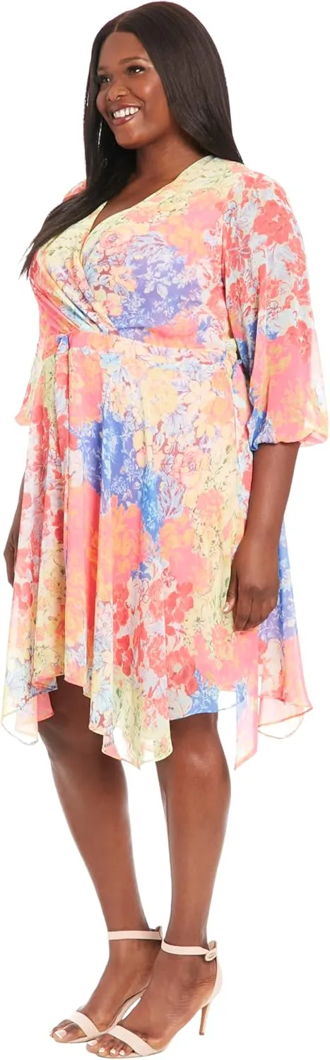 London Times V-Neck, 3/4 Sleeves, Faux Wrap, Fabric Sash Tie, Hanky Hem, Wedding Guest Dresses for Women