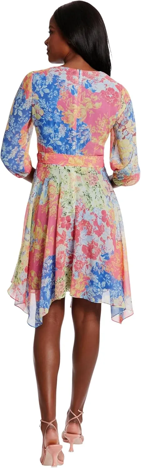 London Times V-Neck, 3/4 Sleeves, Faux Wrap, Fabric Sash Tie, Hanky Hem, Wedding Guest Dresses for Women