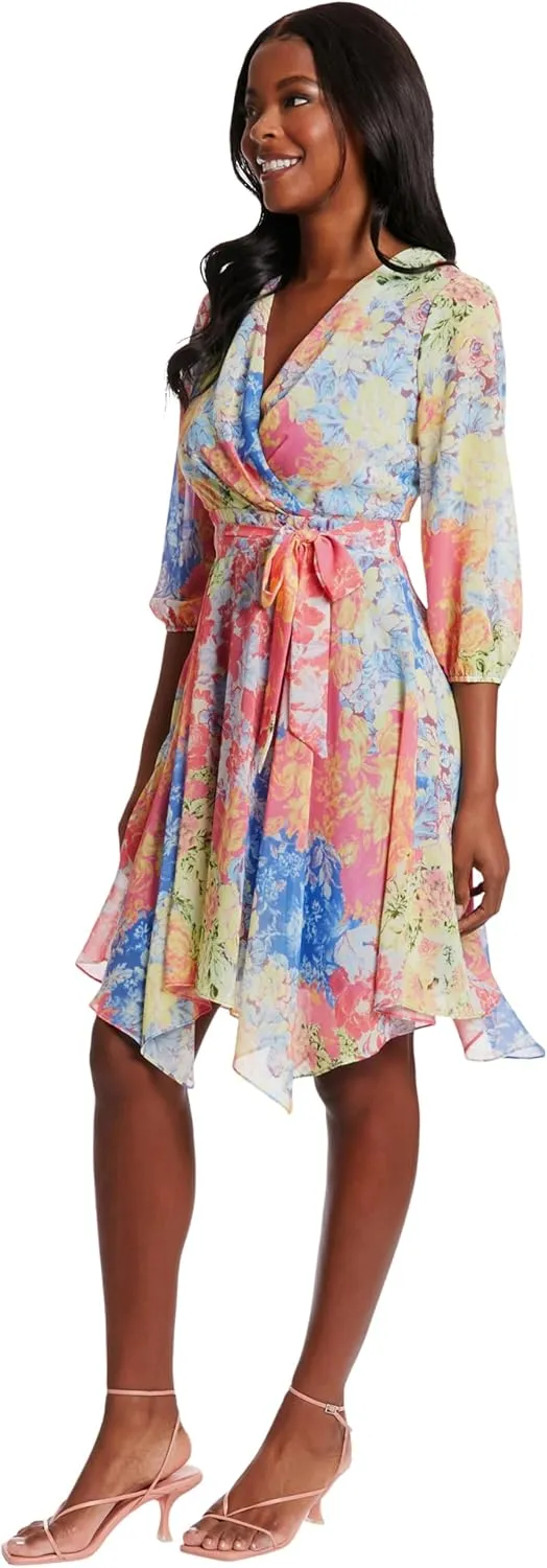 London Times V-Neck, 3/4 Sleeves, Faux Wrap, Fabric Sash Tie, Hanky Hem, Wedding Guest Dresses for Women