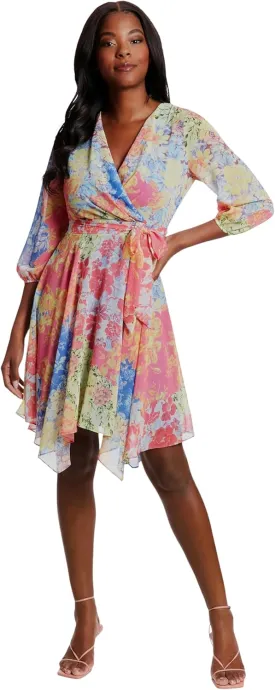London Times V-Neck, 3/4 Sleeves, Faux Wrap, Fabric Sash Tie, Hanky Hem, Wedding Guest Dresses for Women