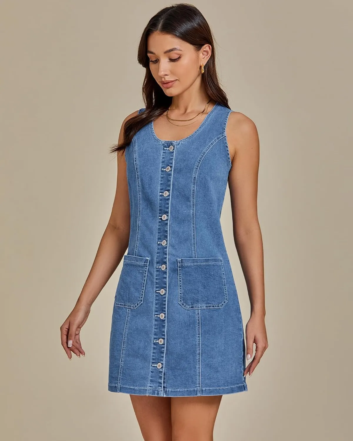 luvamia Denim Dresses for Women Sleeveless Stretchy Jean Summer Casual Western Short Button Down Dress with Patch Pocket