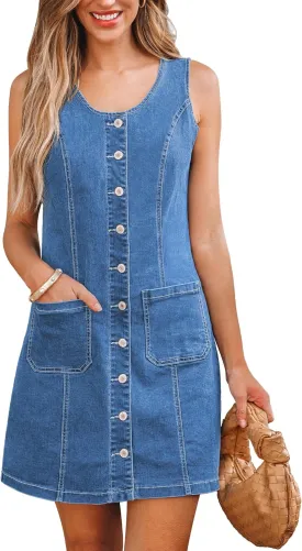 luvamia Denim Dresses for Women Sleeveless Stretchy Jean Summer Casual Western Short Button Down Dress with Patch Pocket