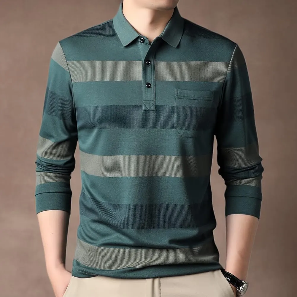 Mens Casual Chest Pocket Striped Slim Fit Long Sleeve Collared T Shirt Polo Shirts