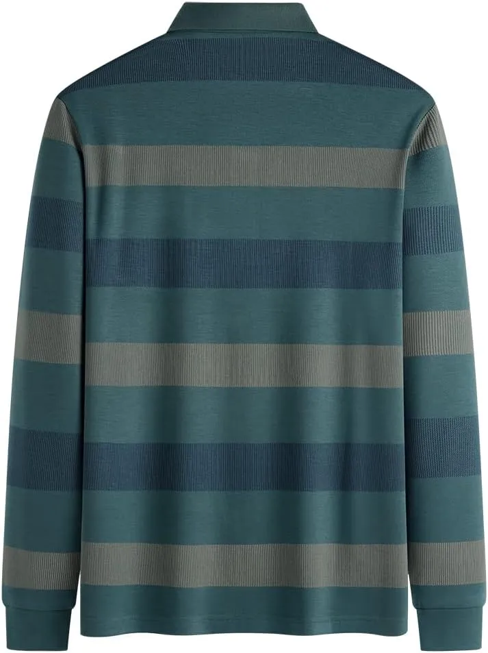 Mens Casual Chest Pocket Striped Slim Fit Long Sleeve Collared T Shirt Polo Shirts