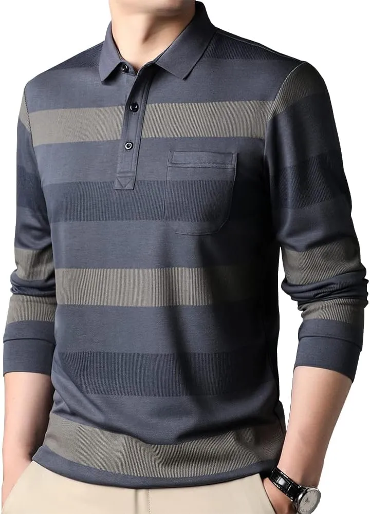 Mens Casual Chest Pocket Striped Slim Fit Long Sleeve Collared T Shirt Polo Shirts
