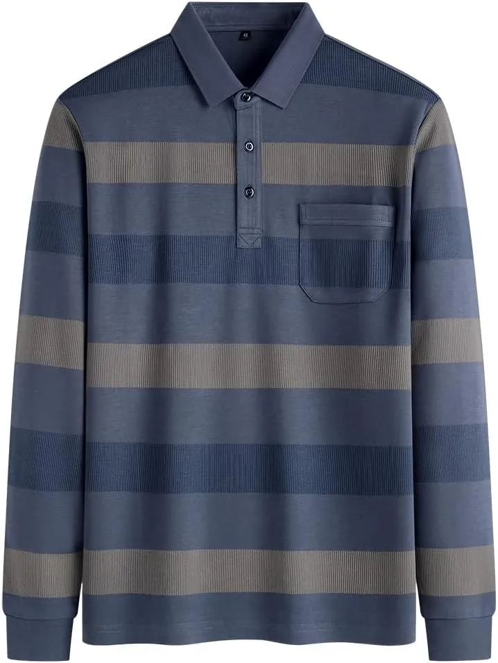 Mens Casual Chest Pocket Striped Slim Fit Long Sleeve Collared T Shirt Polo Shirts