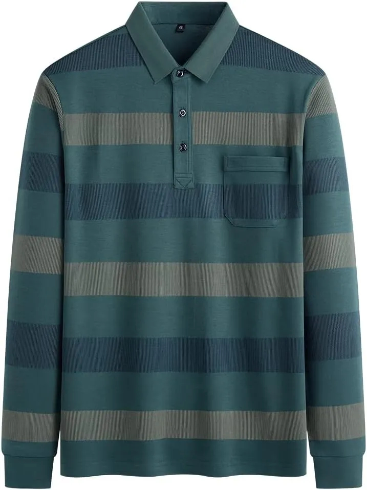 Mens Casual Chest Pocket Striped Slim Fit Long Sleeve Collared T Shirt Polo Shirts