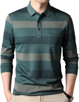 Mens Casual Chest Pocket Striped Slim Fit Long Sleeve Collared T Shirt Polo Shirts