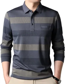 Mens Casual Chest Pocket Striped Slim Fit Long Sleeve Collared T Shirt Polo Shirts