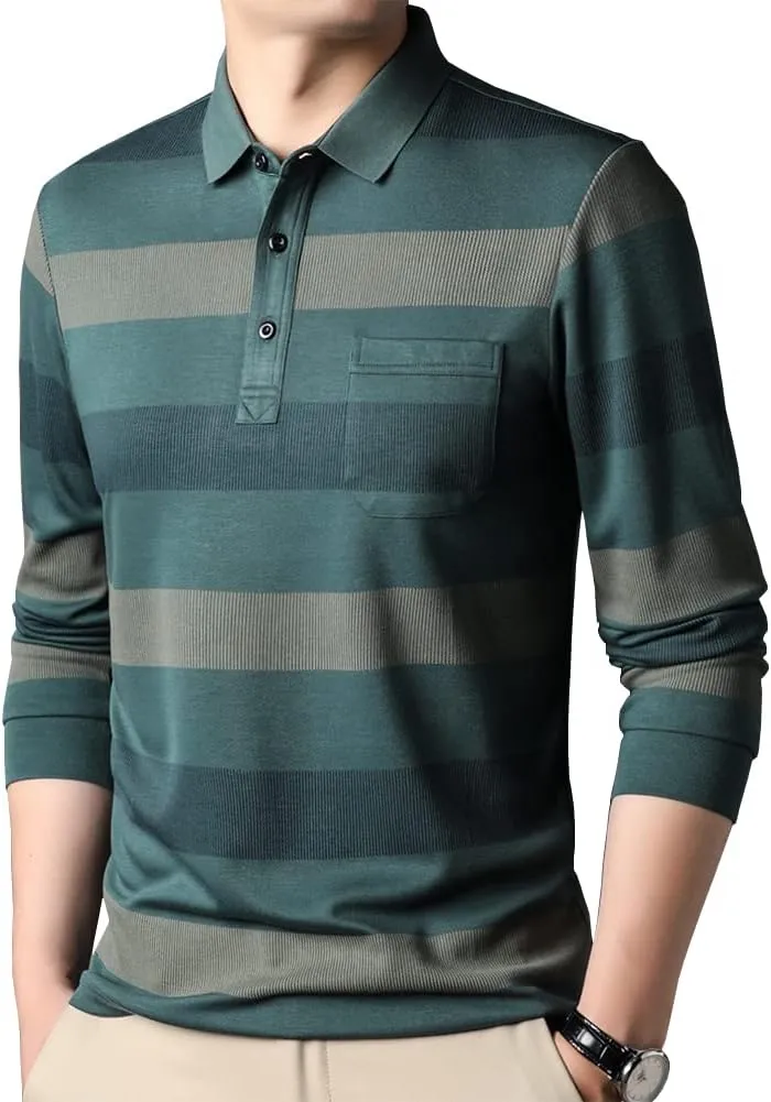 Mens Casual Chest Pocket Striped Slim Fit Long Sleeve Collared T Shirt Polo Shirts