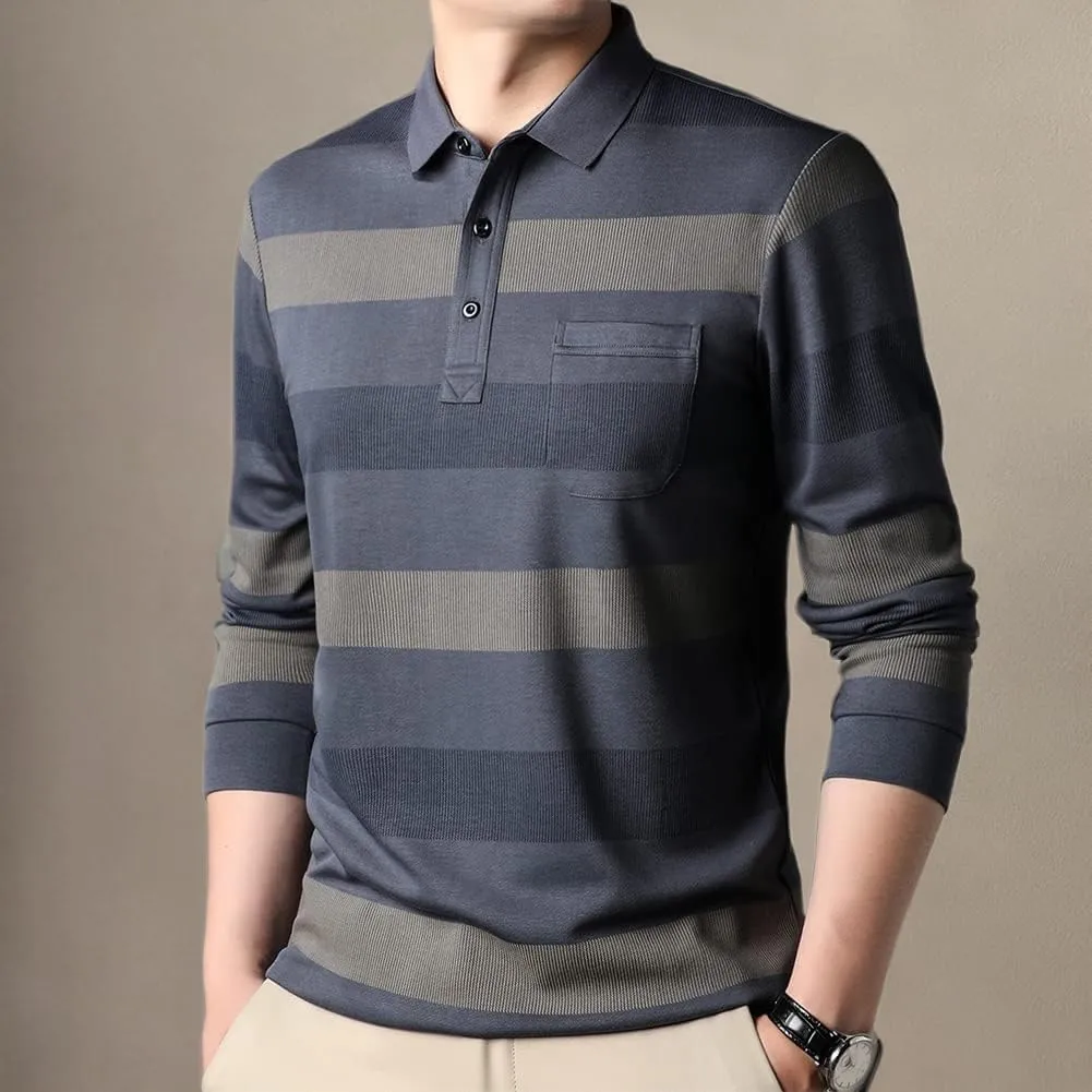 Mens Casual Chest Pocket Striped Slim Fit Long Sleeve Collared T Shirt Polo Shirts