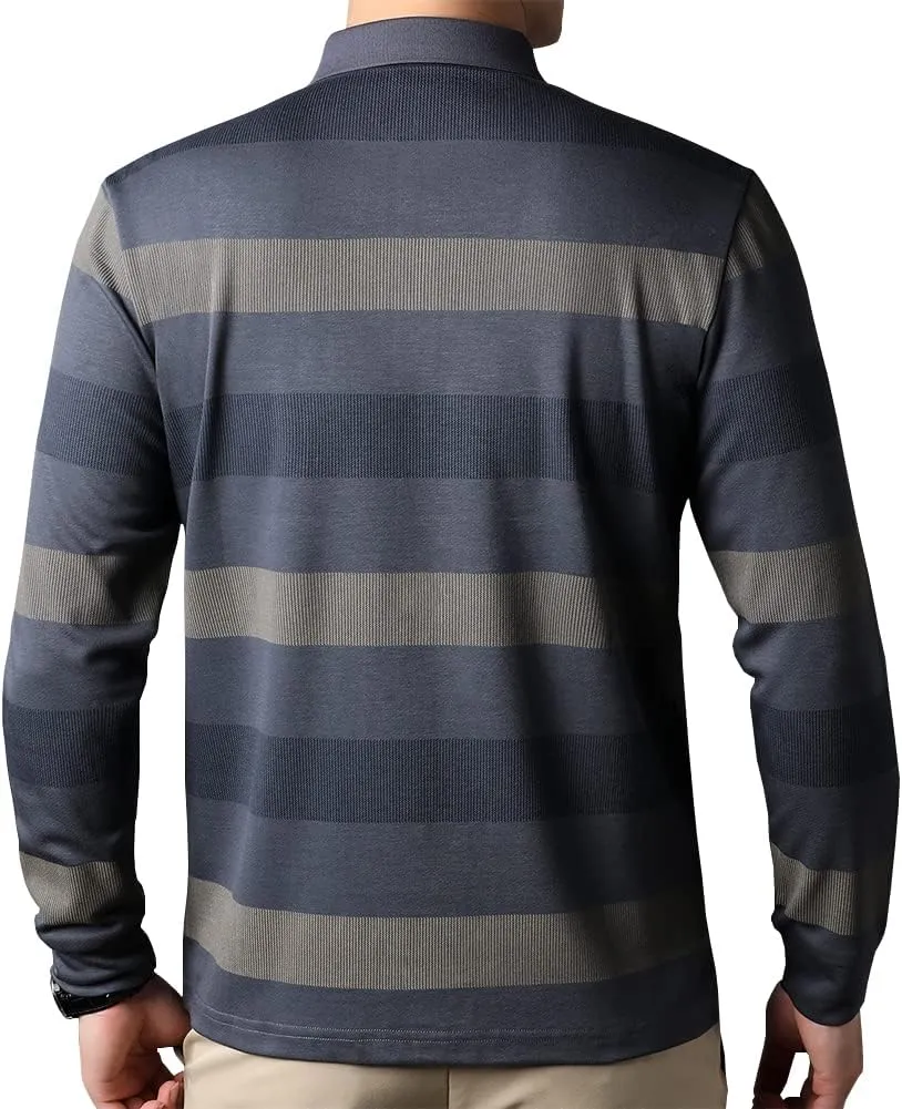Mens Casual Chest Pocket Striped Slim Fit Long Sleeve Collared T Shirt Polo Shirts