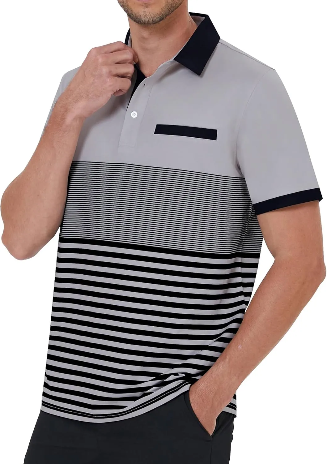 Men's Polo Shirts Short Sleeve Striped Breathable Golf Tennis Shirt with Collar Fake Pocket Summer Essentials Casual