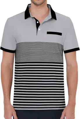 Men's Polo Shirts Short Sleeve Striped Breathable Golf Tennis Shirt with Collar Fake Pocket Summer Essentials Casual