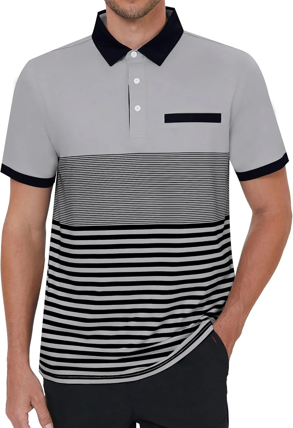 Men's Polo Shirts Short Sleeve Striped Breathable Golf Tennis Shirt with Collar Fake Pocket Summer Essentials Casual