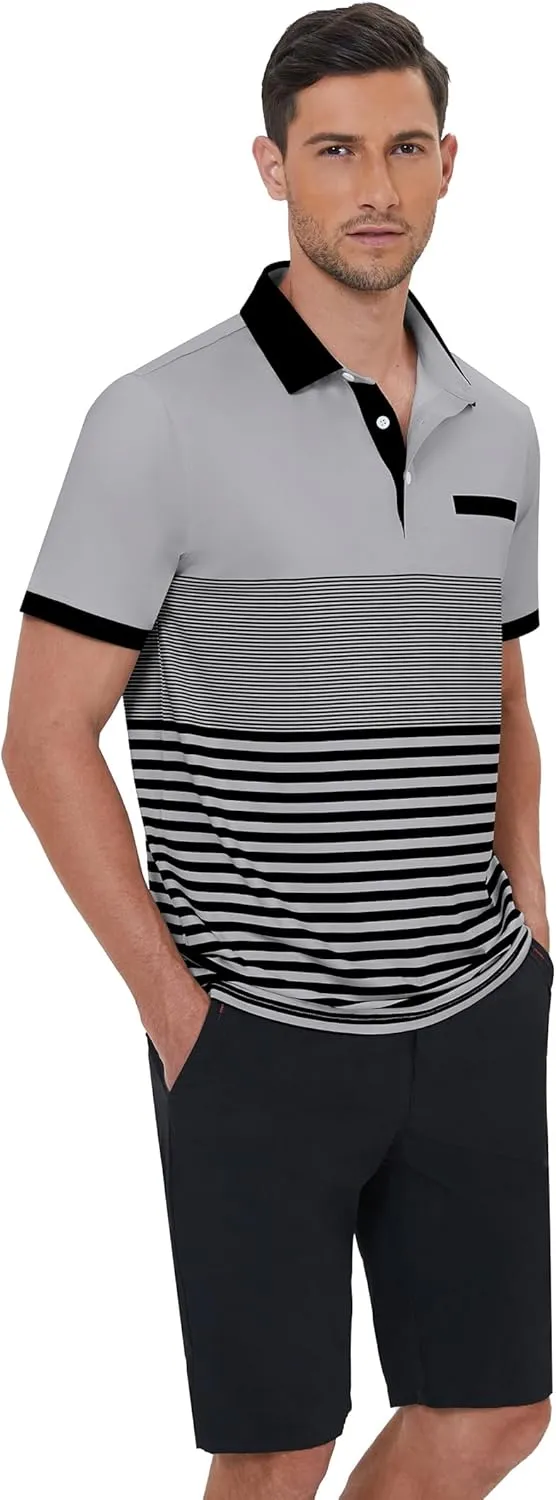 Men's Polo Shirts Short Sleeve Striped Breathable Golf Tennis Shirt with Collar Fake Pocket Summer Essentials Casual